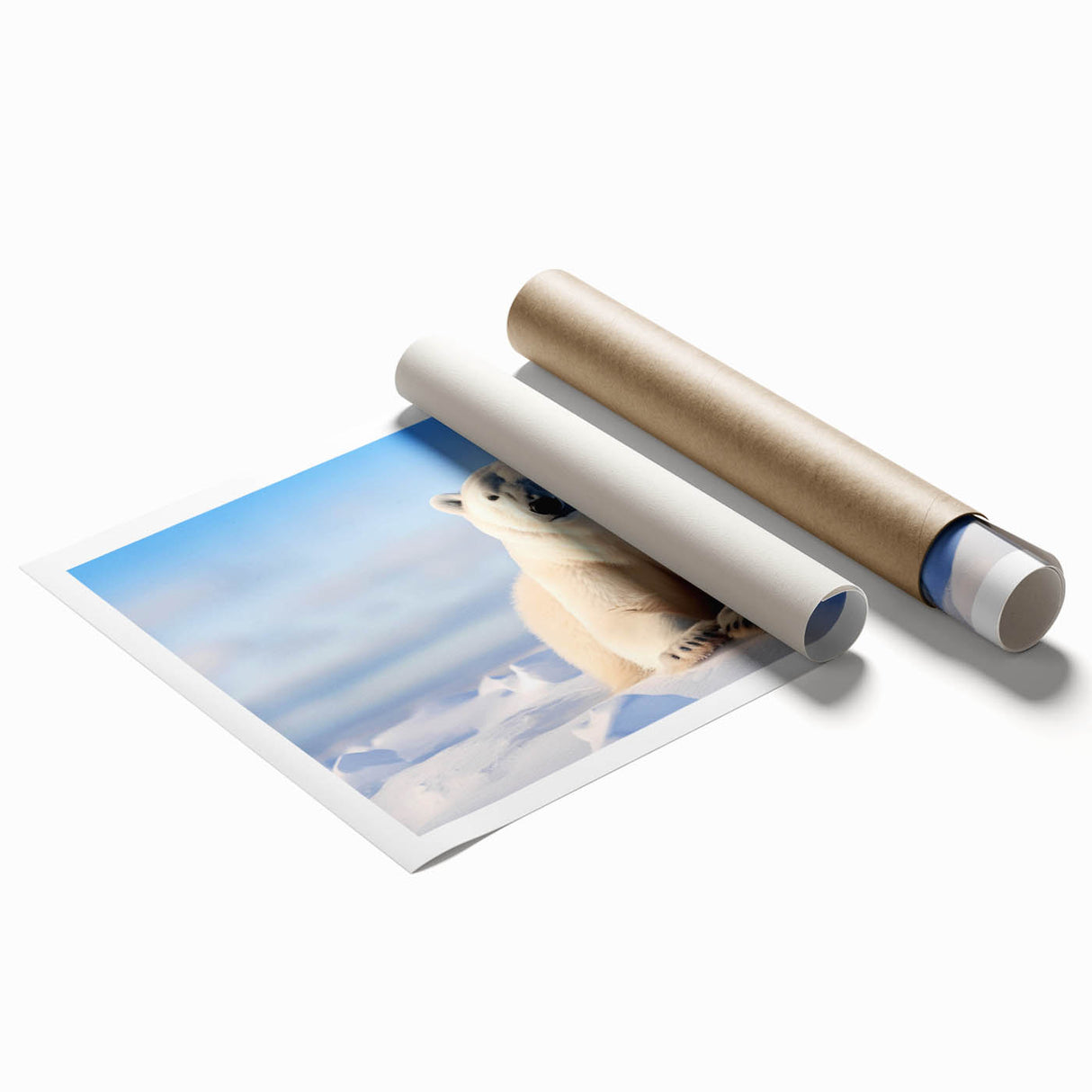 Polar bear wall art design in a rolled print featuring a minimalist style with soft blue and white tones, ideal for nature-themed decor or wildlife enthusiasts.