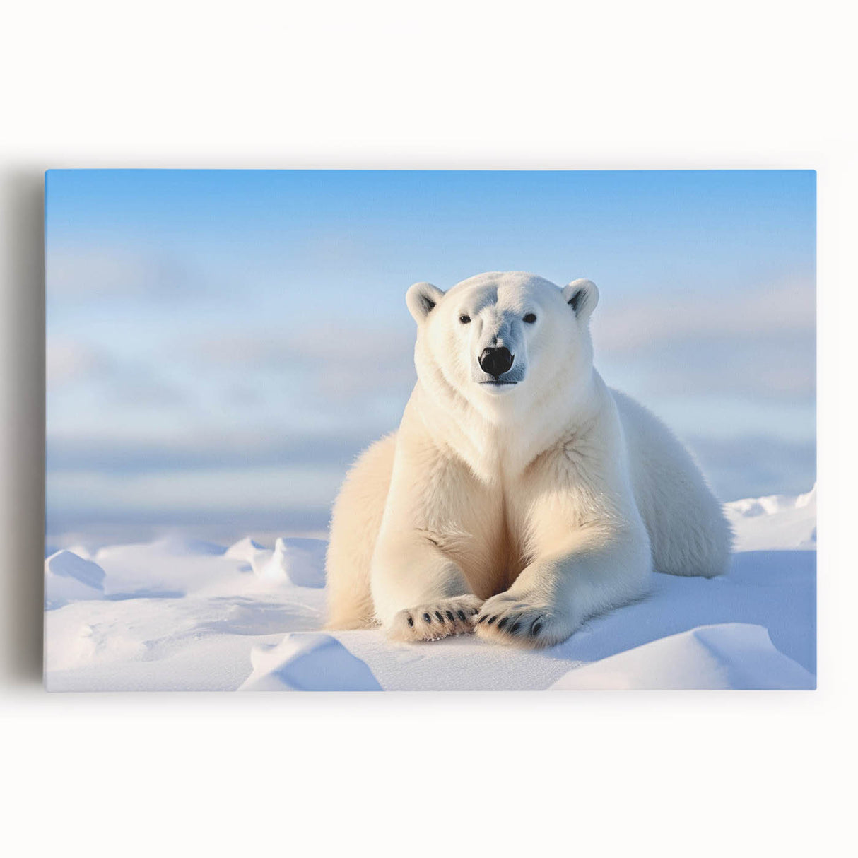 Stretched canvas wall art featuring a majestic polar bear in a serene snowy landscape, showcasing vibrant colors and intricate details, perfect for wildlife lovers.