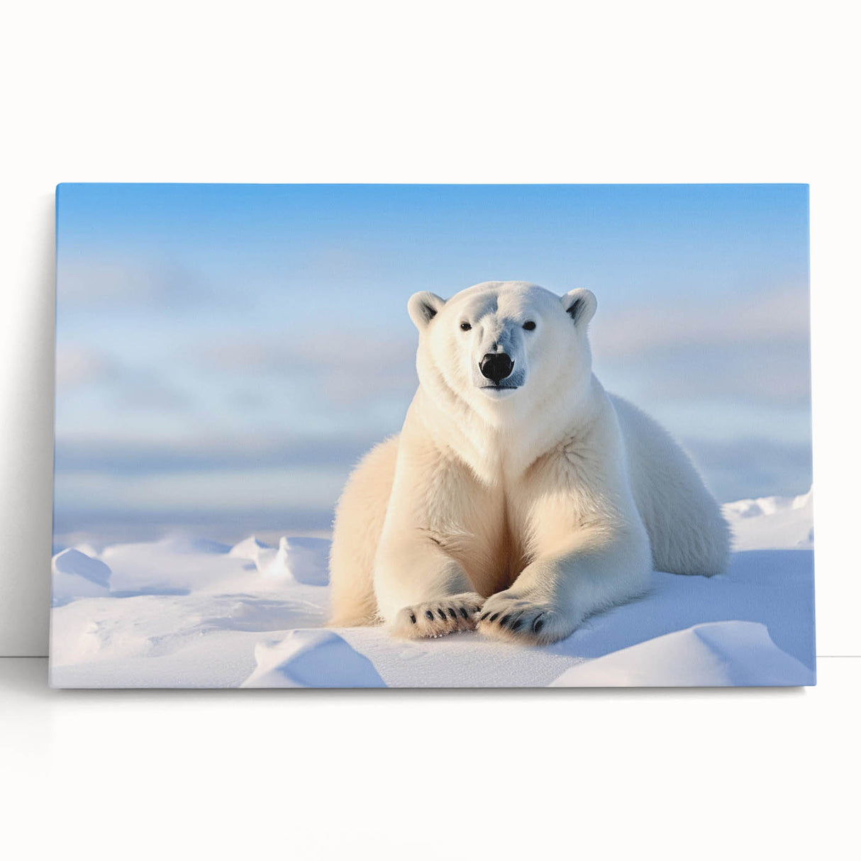 Stretched canvas wall art showcasing a striking polar bear design, emphasizing bold colors and intricate details, perfect for wildlife and nature enthusiasts.