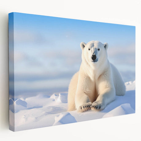 Stretched canvas wall art showcasing a striking polar bear design in a natural setting, perfect for wildlife enthusiasts and home decor. The vibrant colors and intricate details bring the beauty of nature indoors.