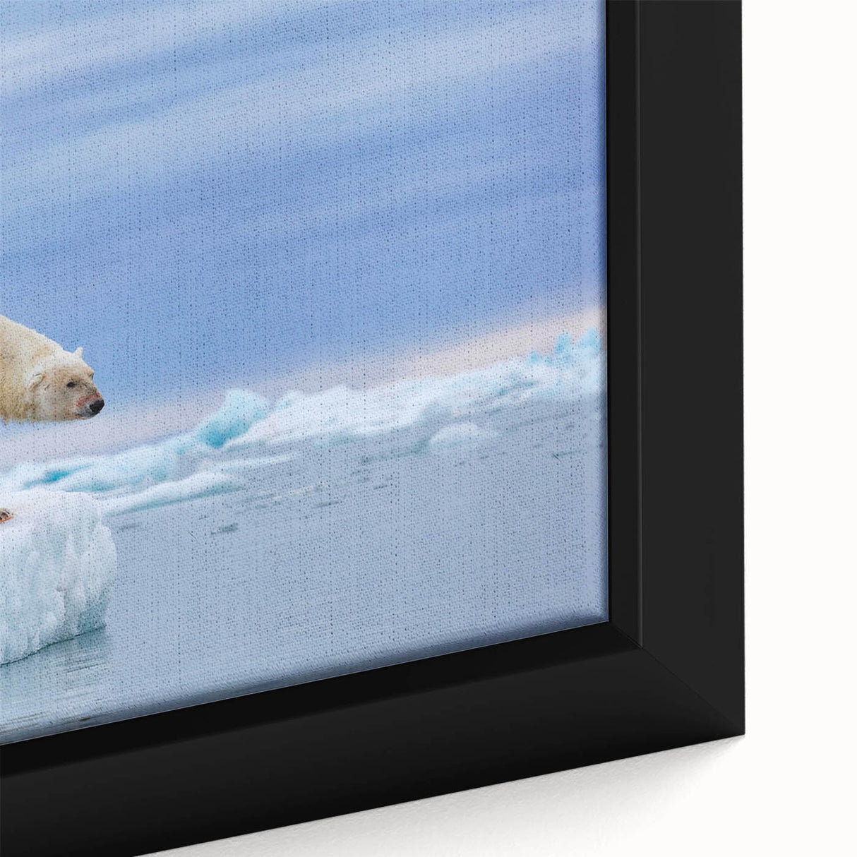 Close-up of a framed canvas wall art featuring a beautifully detailed polar bear design, showcasing vivid colors and textures, perfect for wildlife enthusiasts and home decor.