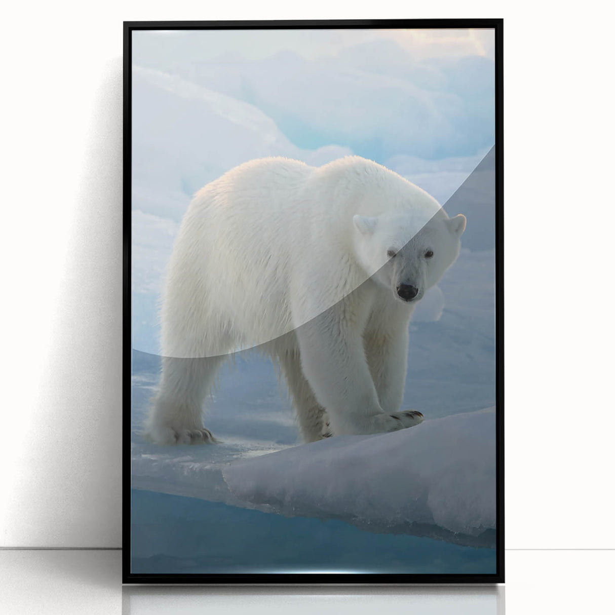 Framed acrylic wall art showcasing a striking polar bear design, featuring a black frame and a clear front view, perfect for enhancing modern decor.
