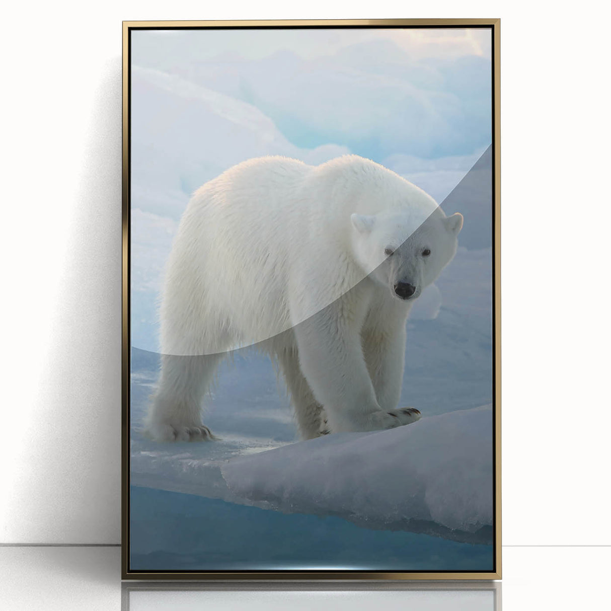 Framed wall art featuring a polar bear design with a gold-acrylic finish, showcasing intricate details and a modern aesthetic, ideal for wildlife enthusiasts.