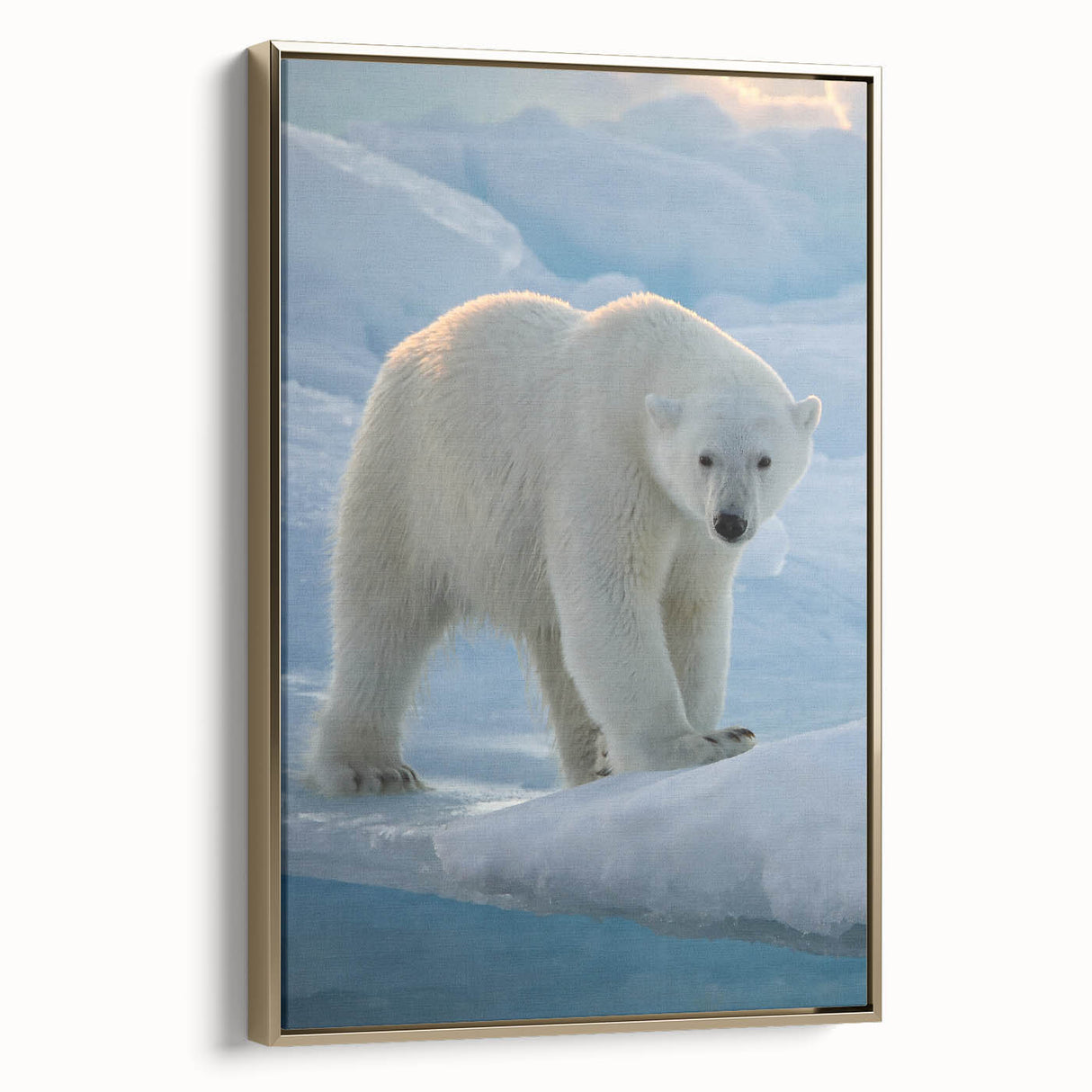 Framed polar bear wall art featuring a detailed design on canvas with gold accents, showcased in a sleek side view, ideal for modern home decor.