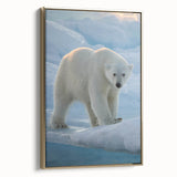 Framed polar bear wall art featuring a detailed design on canvas with gold accents, showcased in a sleek side view, ideal for modern home decor.