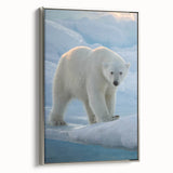 Framed canvas wall art featuring a striking polar bear design, elegantly bordered in silver, showcasing the majestic animal against a serene backdrop. Perfect for wildlife enthusiasts and modern decor.