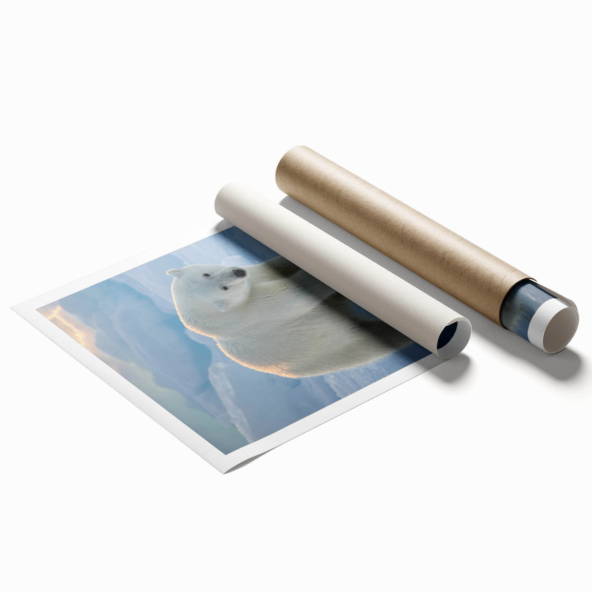 Polar bear wall art design showcasing a serene arctic scene, featuring soft white and blue hues, printed on high-quality rolled canvas, ideal for home decor.