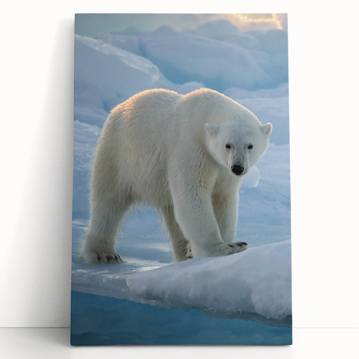 Polar bear wall art design on stretched canvas, featuring a serene Arctic scene with soft colors, ideal for modern home decor and wildlife enthusiasts.