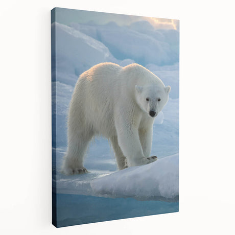 Stretched canvas wall art showcasing a beautifully detailed polar bear design, featuring a side view of the bear against a soft blue background, perfect for wildlife enthusiasts.