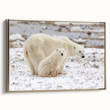 Framed canvas wall art featuring a detailed polar bear design with gold accents, set against a neutral background, ideal for modern home decor enthusiasts.