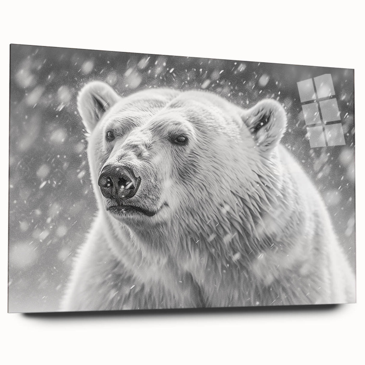 Side view of a polar bear wall art design printed on acrylic glass, showcasing vibrant colors and detailed artwork, perfect for modern home decor.