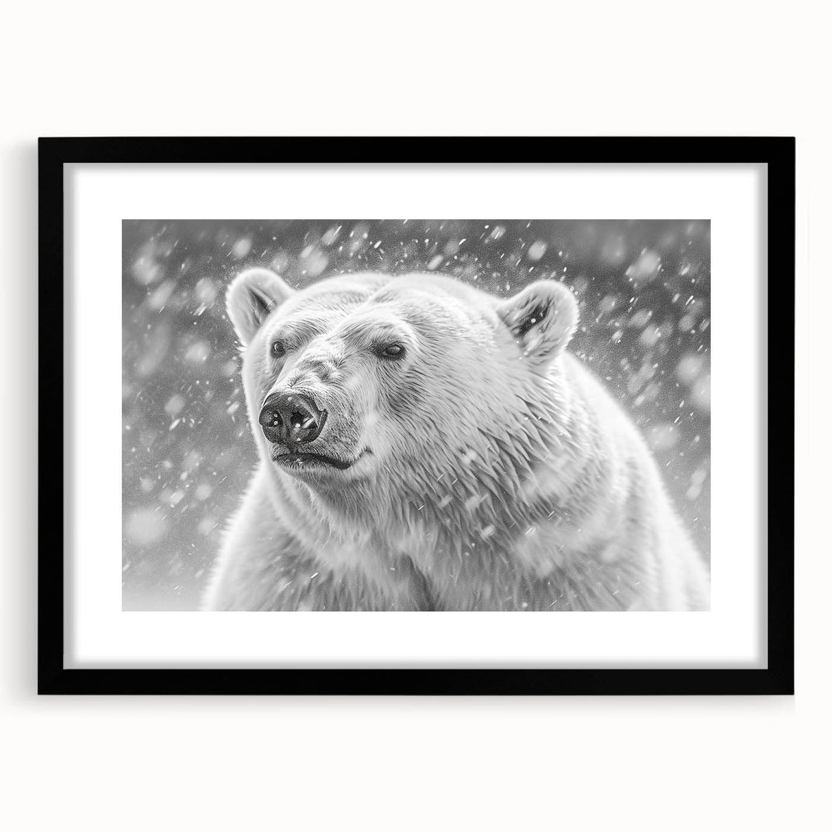 Polar bear wall art design featuring a black frame and mat, showcasing a striking illustration of a polar bear against a minimalist background, ideal for modern home decor.