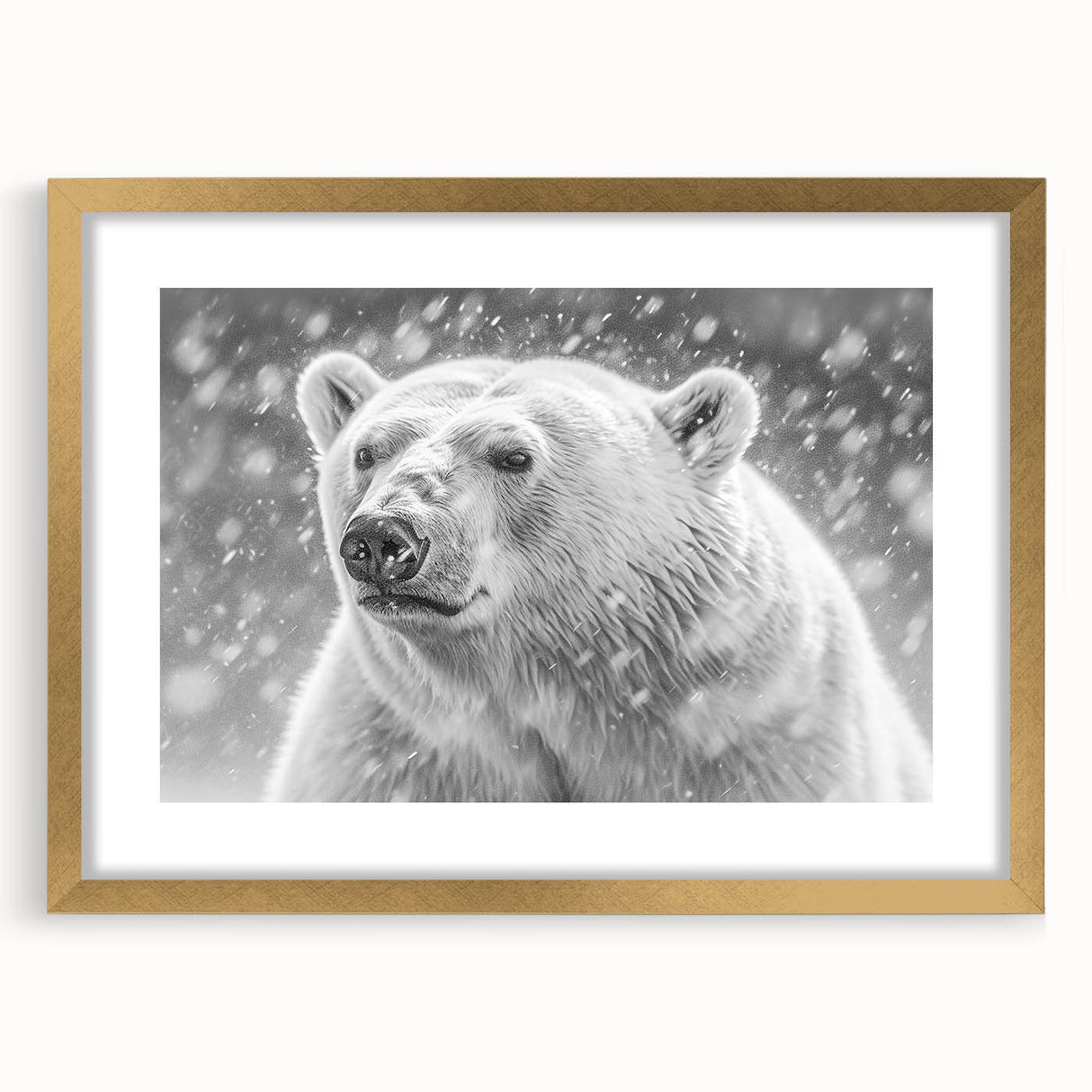 Polar bear wall art design framed in gold with a mat, showcasing a detailed, artistic portrayal of the majestic animal against a minimalist backdrop, ideal for adding elegance to any decor.