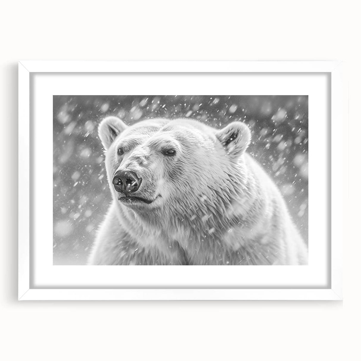 Polar bear wall art design featuring a white frame with mat, showcasing a striking polar bear illustration, perfect for adding a modern touch to home decor.