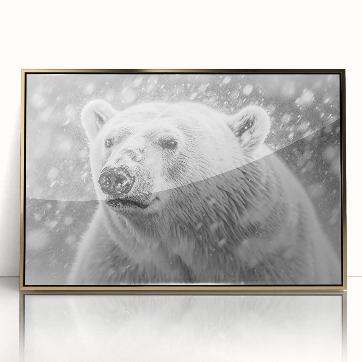 Framed polar bear wall art with a gold-acrylic front, showcasing a sleek design in a modern setting, perfect for wildlife enthusiasts and home decor.