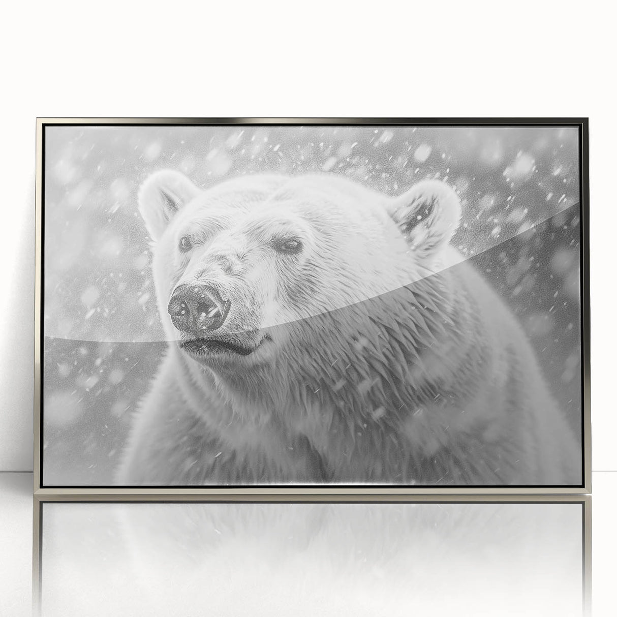 Framed wall art showcasing a polar bear design with a sleek silver border, highlighting its majestic features against a minimalist background. Perfect for wildlife enthusiasts and modern decor.