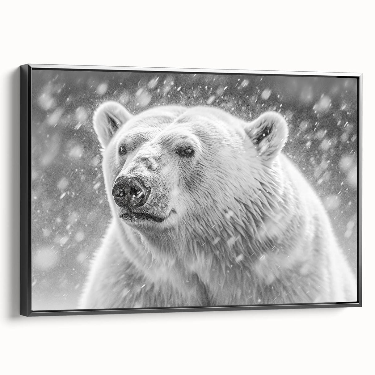 Framed canvas wall art featuring a striking polar bear design in monochrome colors. The side view highlights the sleek black frame, perfect for modern decor.