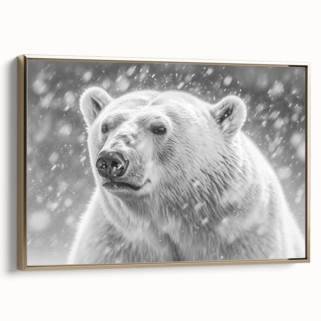 Framed canvas wall art featuring a polar bear design with a gold frame, showcasing vibrant colors and intricate details, ideal for modern home decor.