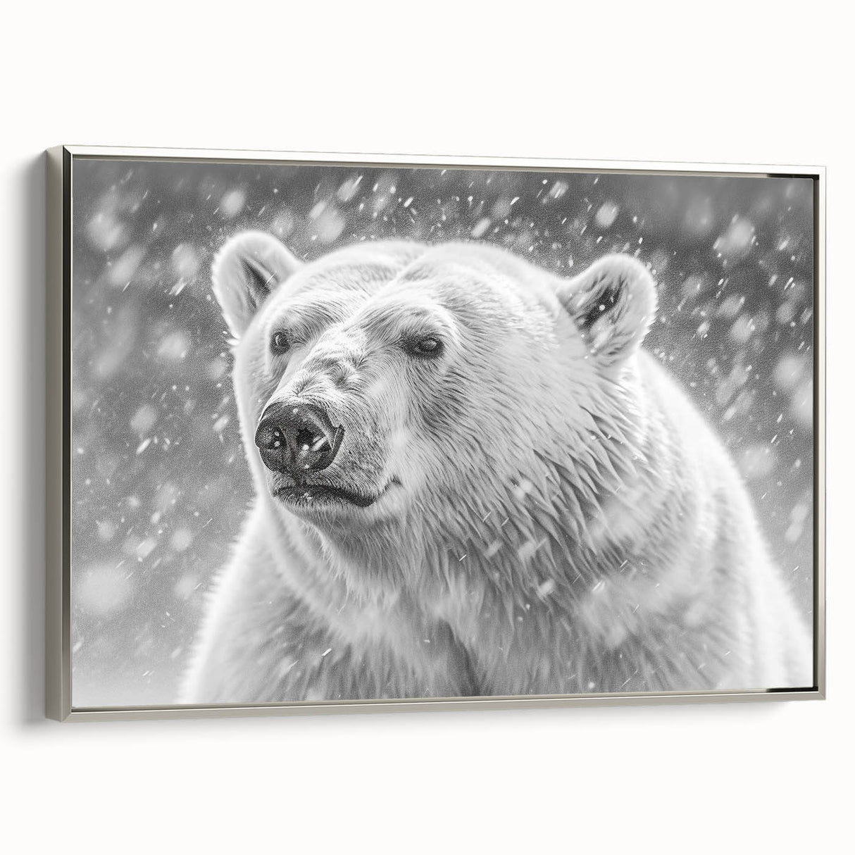 Framed canvas wall art showcasing a stunning polar bear design in silver tones, elegantly displayed from a side view, perfect for modern home decor.
