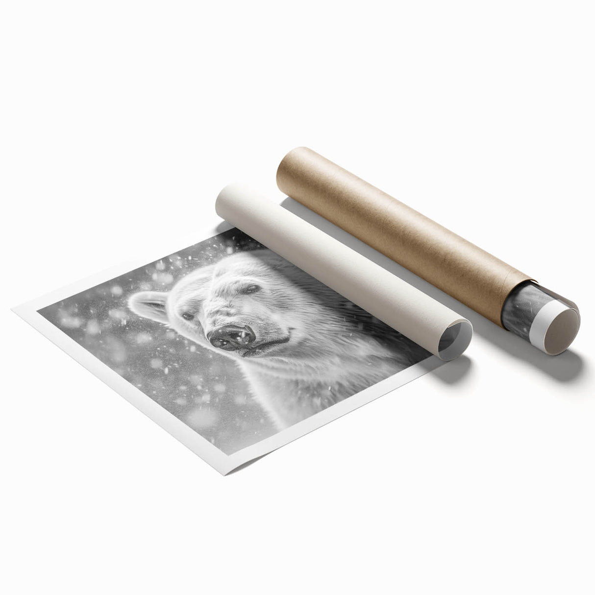 Polar bear wall art design featuring a minimalist style in soft blue and white tones, perfect for enhancing modern home decor. This rolled print showcases the majestic polar bear against a serene backdrop, ideal for wildlife enthusiasts.