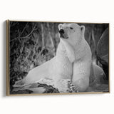 Framed canvas wall art showcasing a polar bear design with a gold frame, side view highlighting intricate details and vibrant colors, ideal for wildlife decor.