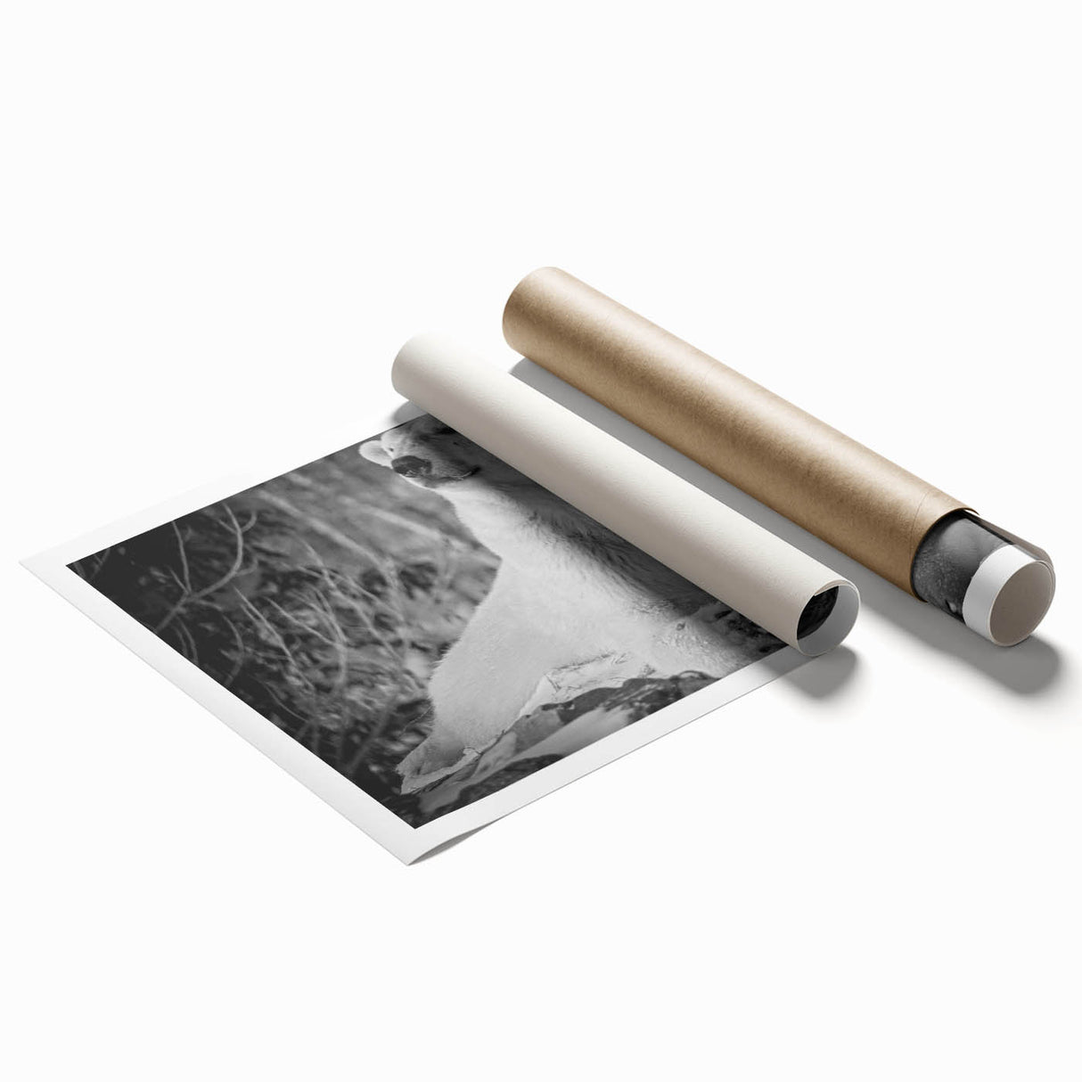Polar bear wall art print showcasing a serene, stylized polar bear design on a soft blue background, rolled and ready for framing to enhance any Arctic-themed decor.