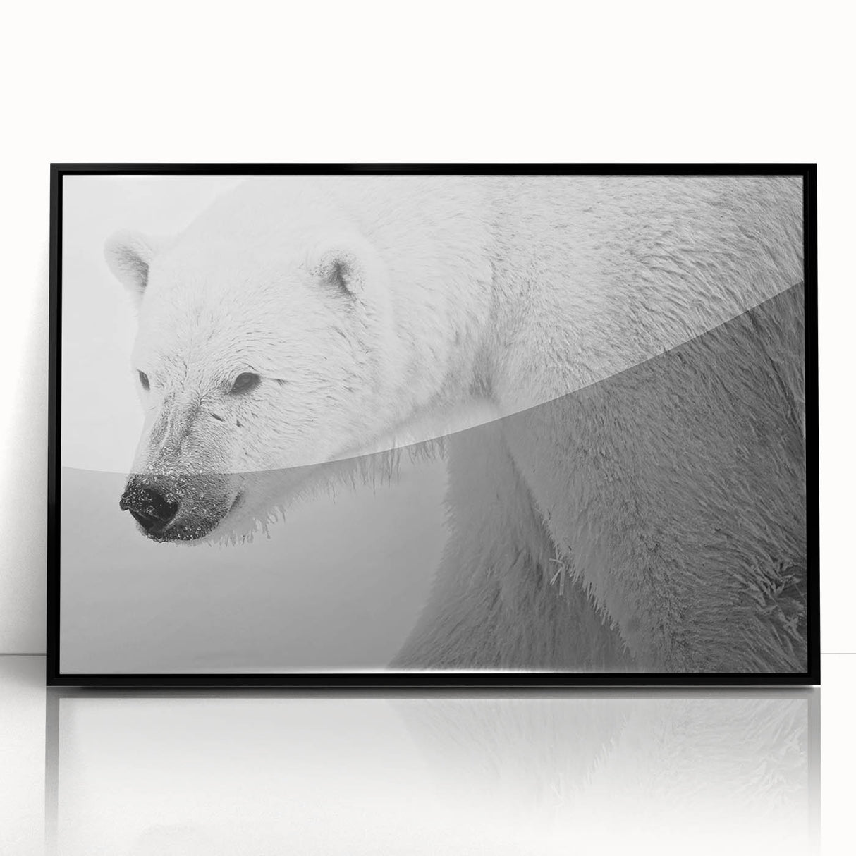 Framed wall art featuring a striking polar bear design in black and white acrylic, displayed in a sleek black frame, perfect for modern home decor.