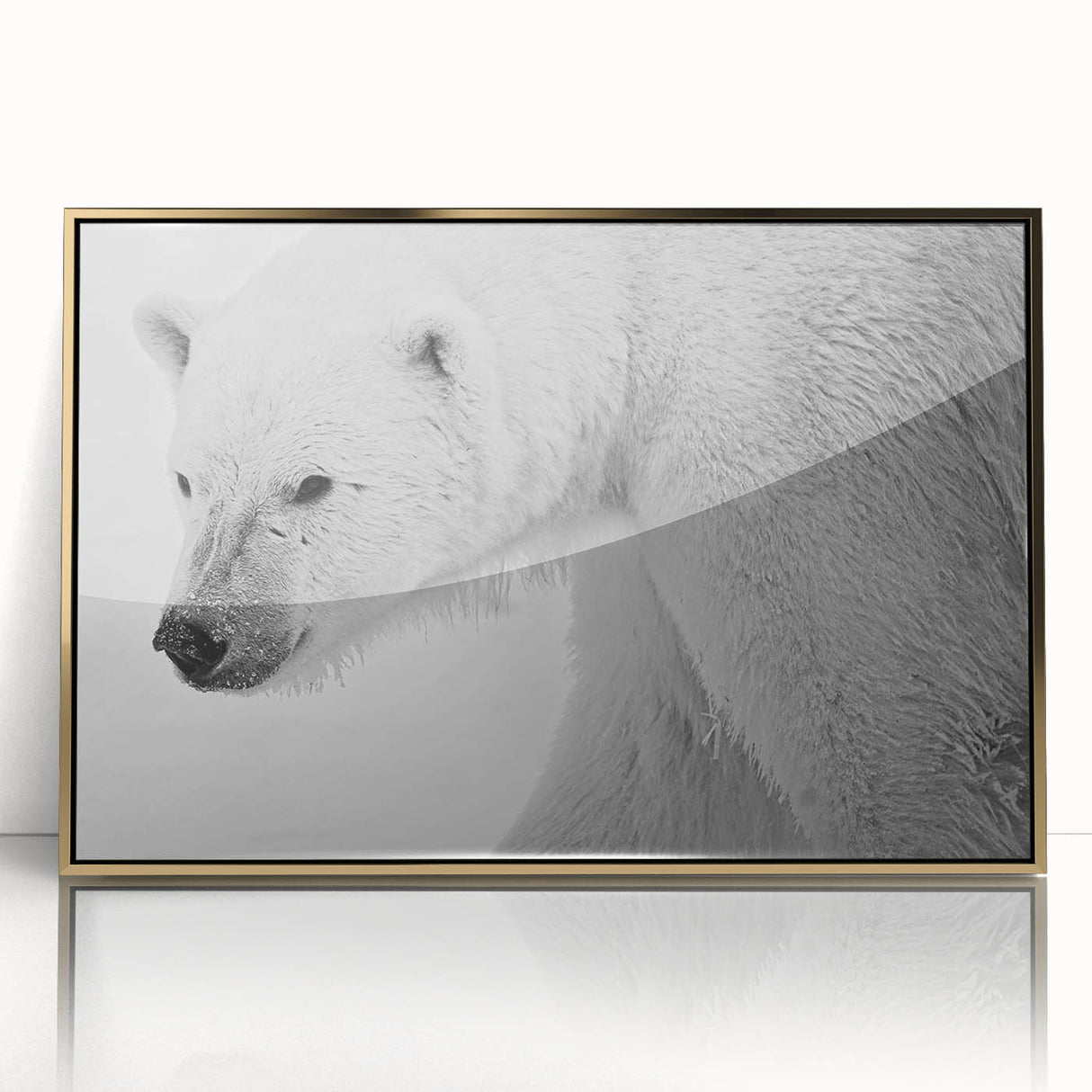 Framed wall art showcasing a striking polar bear design with a gold-acrylic front, ideal for enhancing modern home décor with wildlife themes.