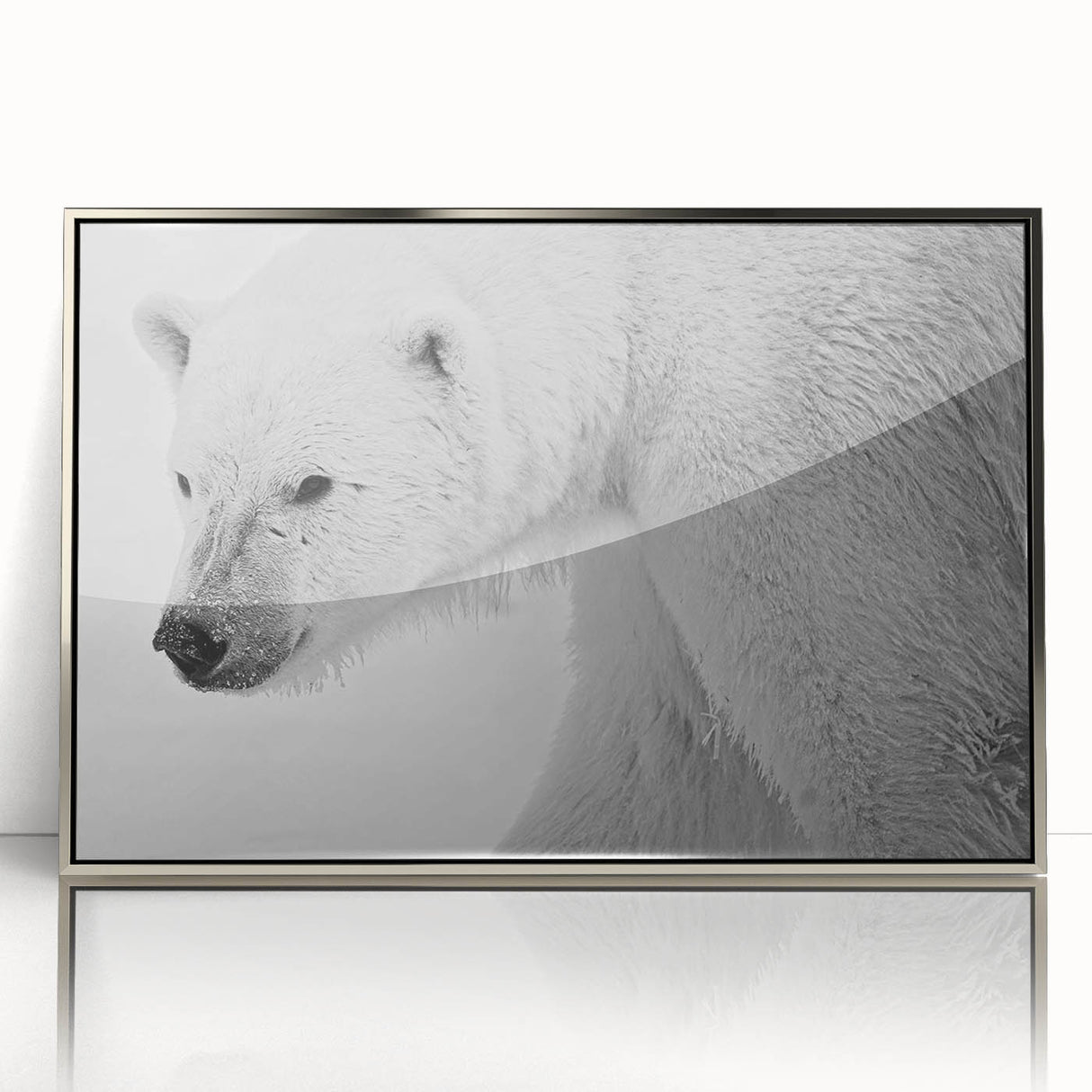 Framed wall art featuring a striking polar bear design, showcasing a silver-acrylic finish that enhances the vibrant colors, perfect for modern home decor.