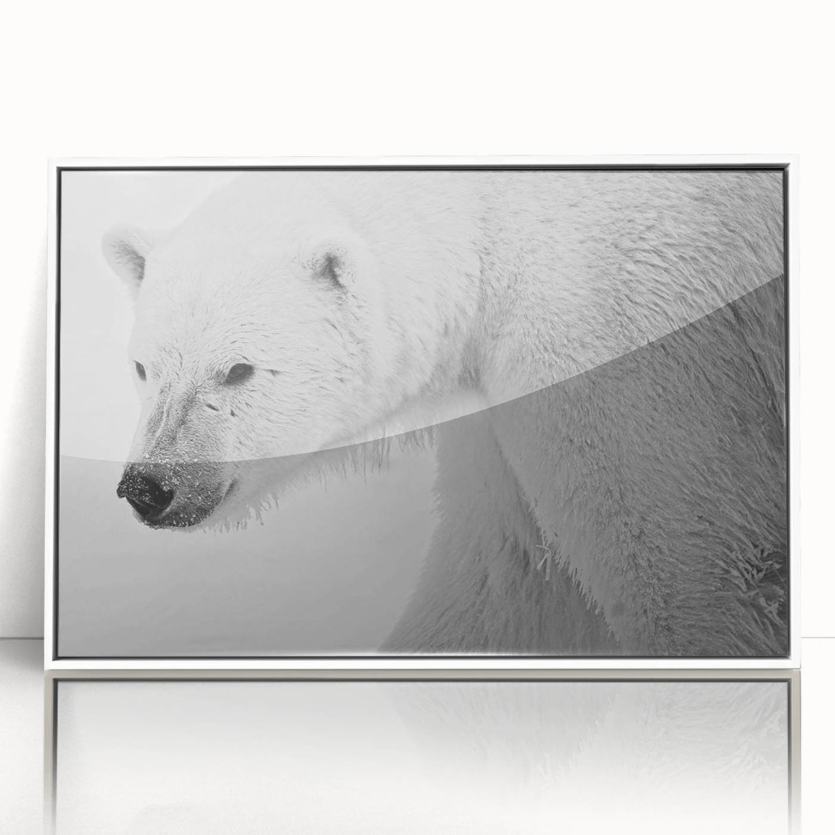 Framed acrylic wall art showcasing a minimalist polar bear design in white, perfect for modern decor. Ideal for nature lovers and wildlife enthusiasts.