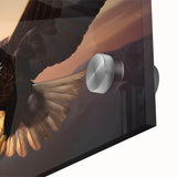 Close-up of a vibrant acrylic glass wall art piece depicting a majestic bird of prey in flight, showcasing intricate details and vivid colors, perfect for nature enthusiasts.