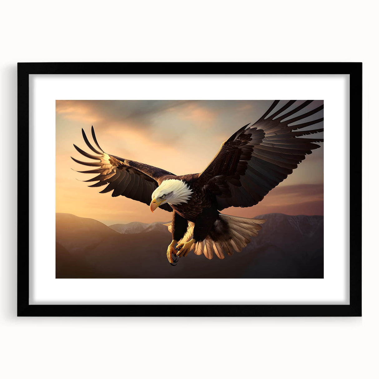 Black-framed wall art piece featuring a vibrant bird design, part of the Birds of Prey collection, showcasing intricate details and colors, ideal for modern decor.