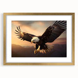 Framed wall art featuring a stunning birds of prey design in a gold frame with a mat, showcasing intricate details and vibrant colors, perfect for home decor.