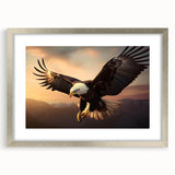 Framed wall art featuring an elegant bird design from the "Birds of Pray" collection, showcased in a silver frame with a mat, ideal for modern decor.