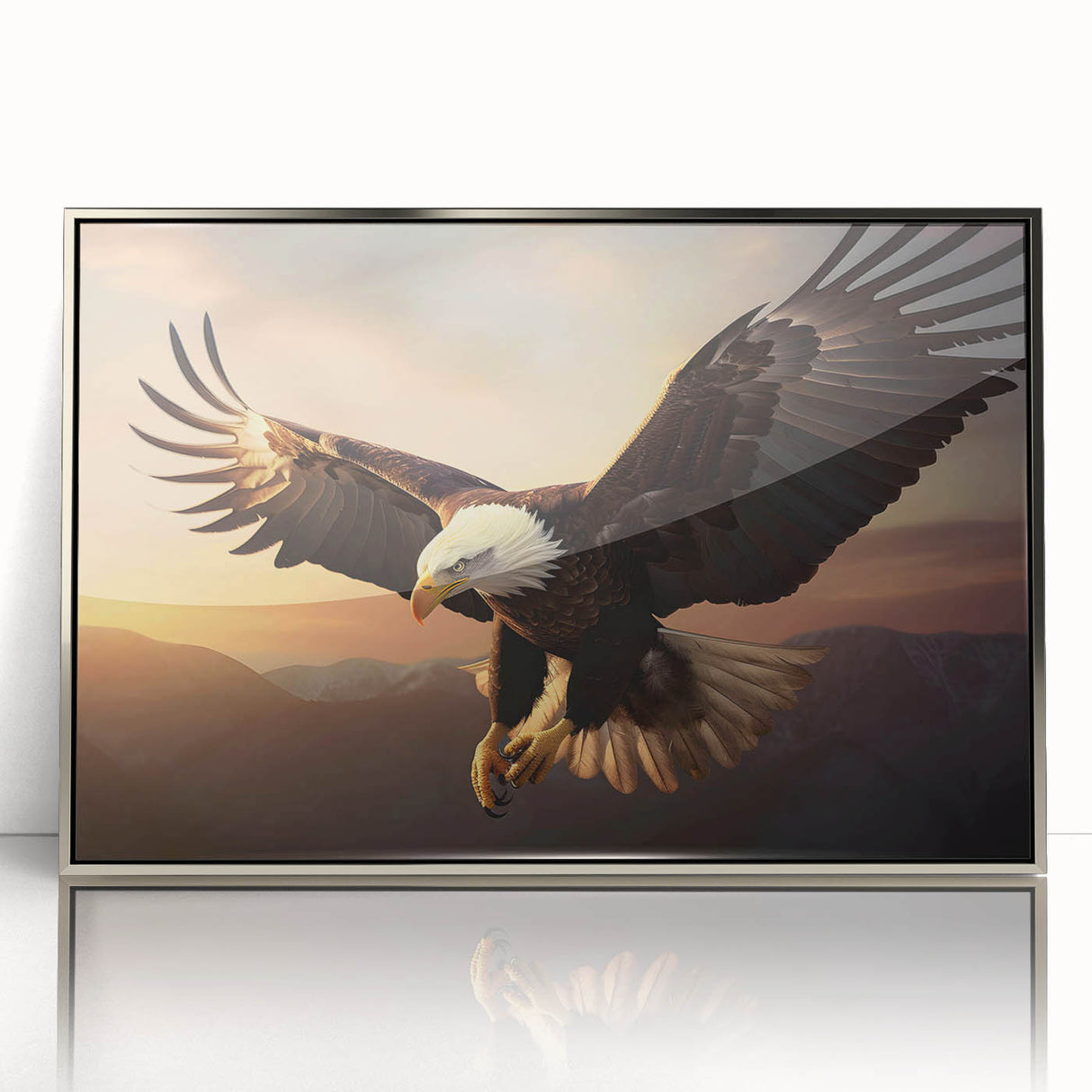 Framed wall art featuring a striking Birds of Prey design, showcasing intricate details in silver acrylic. Ideal for enhancing modern decor with a touch of nature.