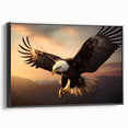 Framed canvas wall art featuring a striking birds of prey design, showcasing intricate details in vibrant colors, displayed in a sleek black frame, ideal for home decor.