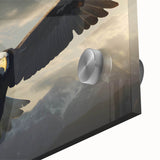 Close-up of a vibrant acrylic wall art piece featuring a stylized bird design with intricate details and bold colors, perfect for home decor or art collectors.