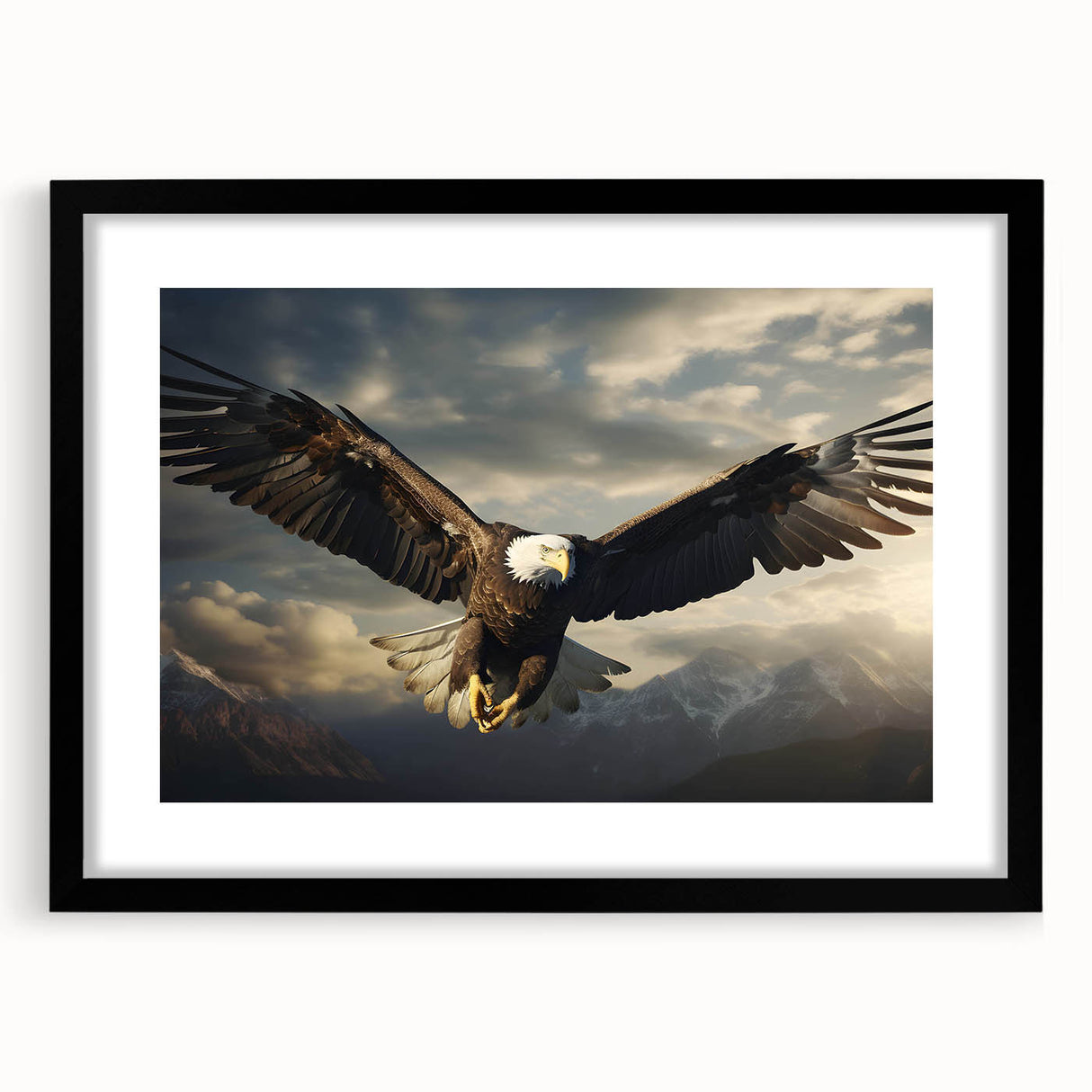 Framed wall art featuring a striking design of birds in flight, set against a minimalist black background, ideal for modern home decor.