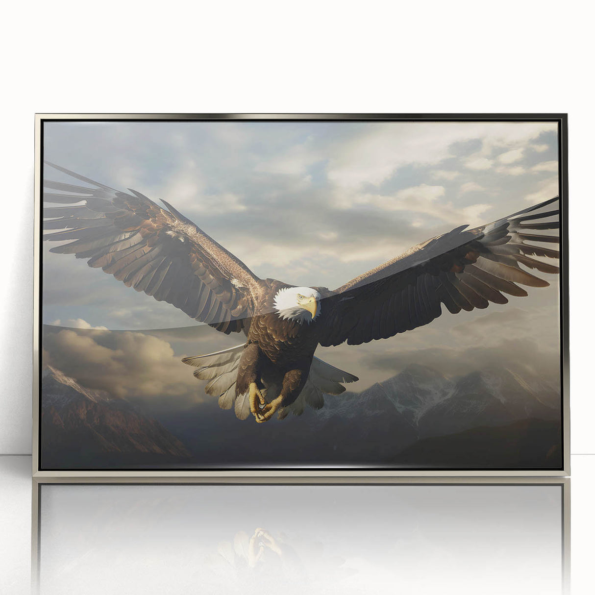 Framed wall art featuring a striking design of birds, showcasing vibrant colors and intricate details, presented in a sleek silver acrylic frame, perfect for modern decor.