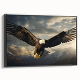 Framed canvas artwork depicting a stylish bird of prey design in a modern black frame, showcasing intricate details and vibrant colors, perfect for home decor.