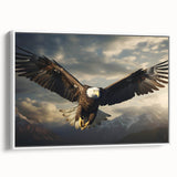 Framed canvas wall art showcasing a vibrant bird design from the "Birds of Pray" collection, presented in a white frame with a side view, ideal for modern home decor.