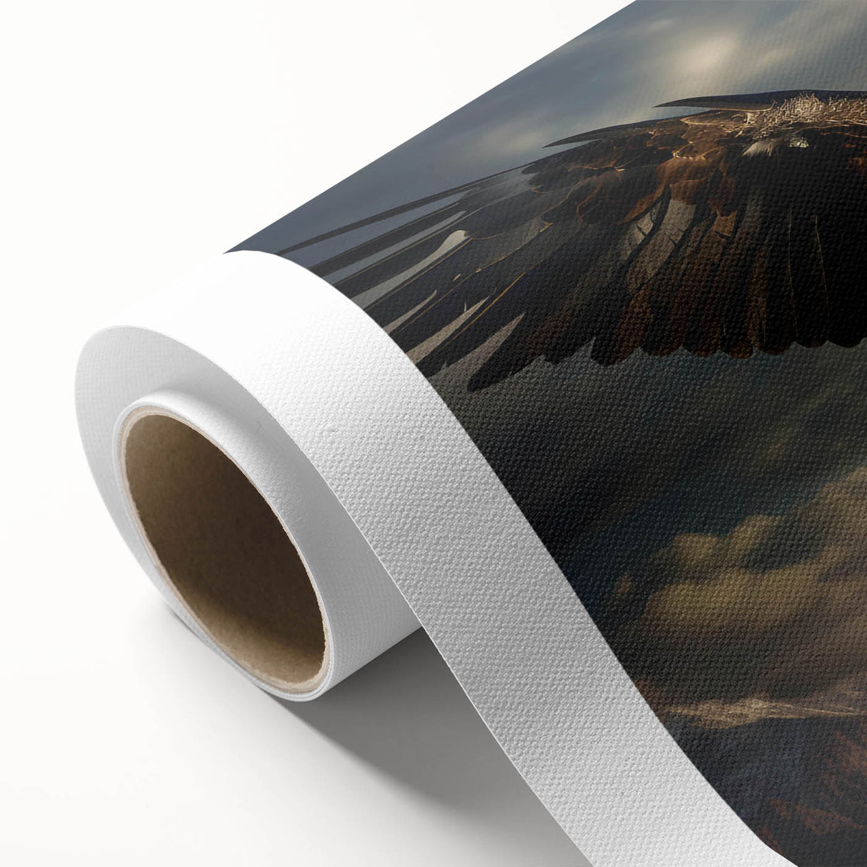 Colorful rolled canvas showcasing a vibrant birds of prey design, featuring intricate details and textures, ideal for nature-themed decor and wall art collections.