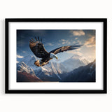 Framed wall art featuring a stylized design of birds of prey in an elegant black frame, showcasing intricate details and vibrant colors, perfect for nature enthusiasts and home decor.