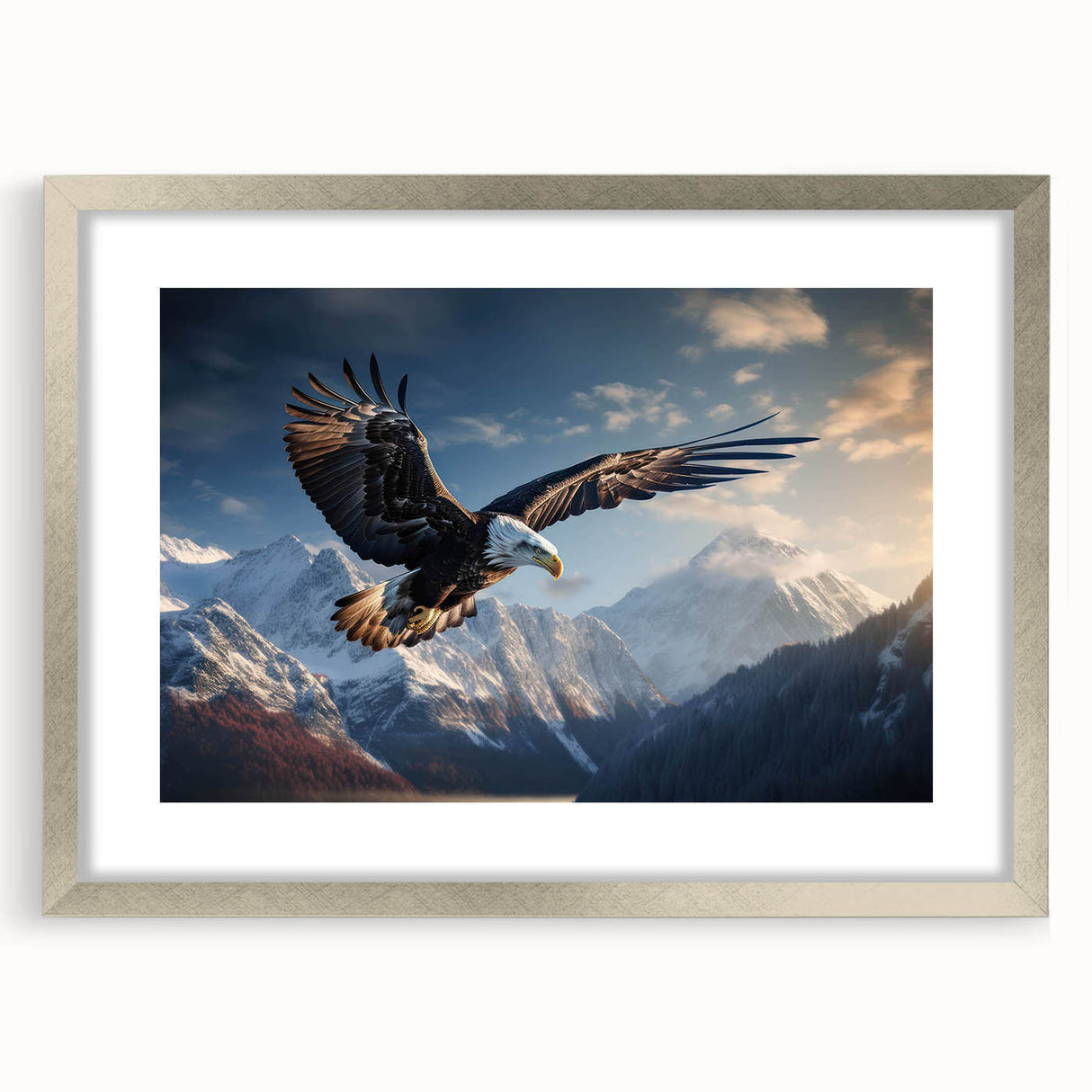Framed wall art of the 'Birds of Pray' collection, showcasing intricate bird designs in vibrant colors, with a sleek silver frame and mat, perfect for modern decor.
