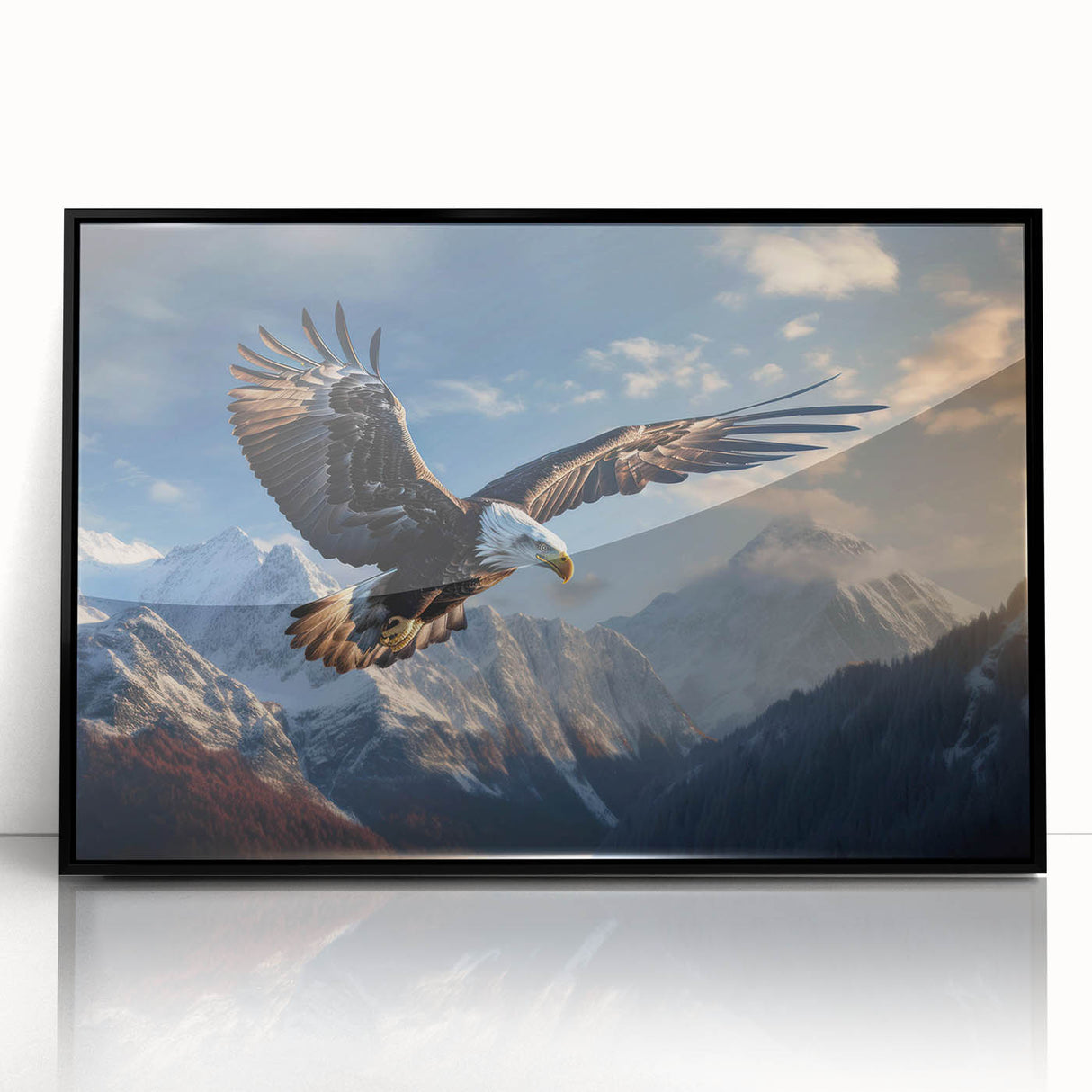 Framed acrylic wall art featuring a striking birds of prey design, showcasing intricate details and vibrant colors, set against a sleek black frame. Perfect for bird lovers and nature enthusiasts, it adds a modern touch to any decor.