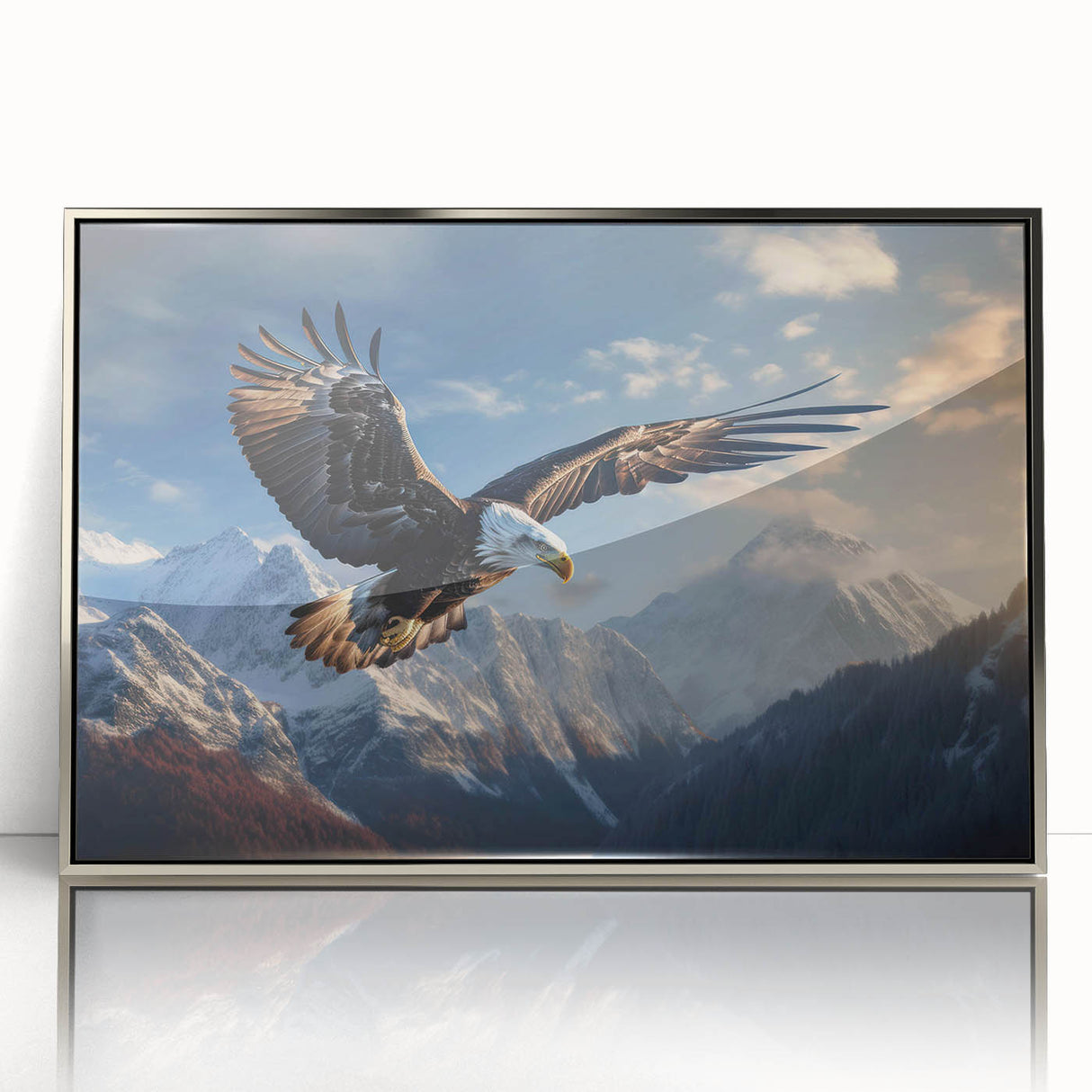 Framed wall art featuring a vibrant design of various birds, showcasing intricate details and colorful patterns, presented in an elegant silver frame, ideal for home decor.