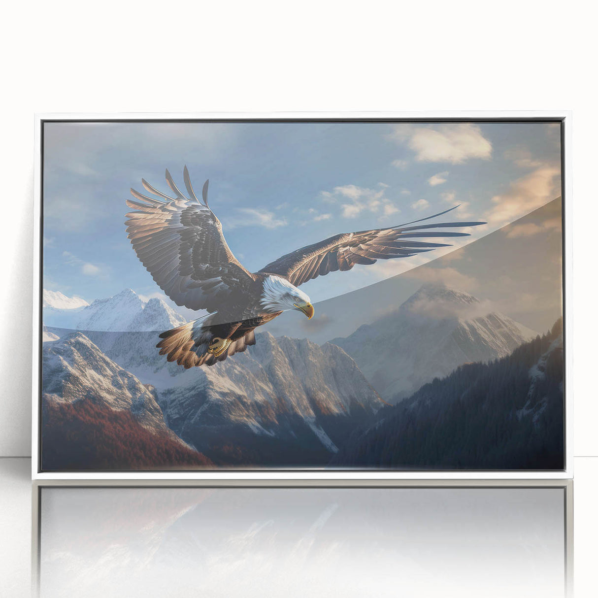 Framed wall art featuring a collection of birds with a contemporary design, displayed in a sleek white frame, ideal for modern home decor. The vibrant colors and intricate details highlight the beauty of avian life, making it a perfect accent piece for any room.