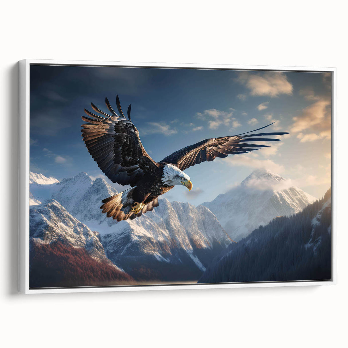 Framed wall art featuring a vibrant birds of prey design, showcasing intricate details and colors. The canvas is elegantly displayed in a white frame, perfect for home decor.