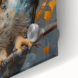 Close-up of a vibrant acrylic glass wall art piece from the "Birds of Prey" collection, showcasing detailed illustrations of various birds in striking colors, perfect for nature enthusiasts.