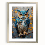 Framed wall art featuring a striking birds-of-prey design in a silver frame, showcasing intricate details and vibrant colors, perfect for home decor or nature lovers.